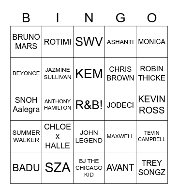 R & B Bingo Card
