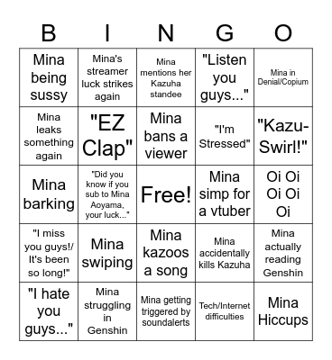 Mina's Stream Bingo Card