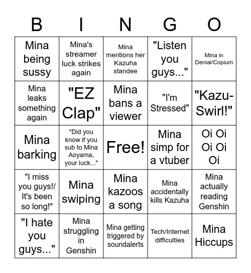 Mina's Stream Bingo Card