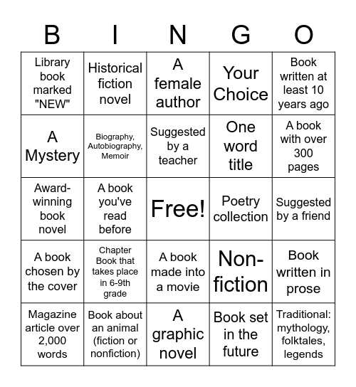 Reading Challenge Bingo Card