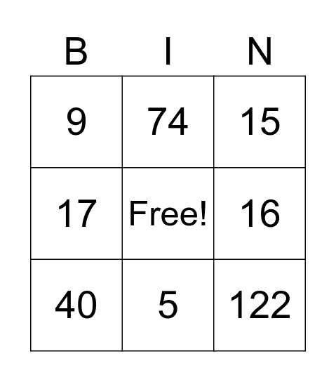 One for One Bingo Card