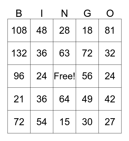 Mix Multiplication Facts Bingo Card