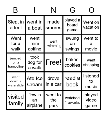 What Did I Do this Summer Bingo???? Bingo Card