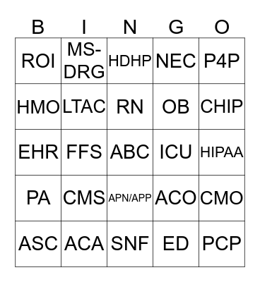 Health Care Strategy & Operations Acronym Bingo! Bingo Card