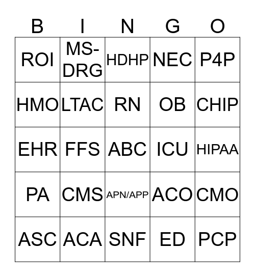 Health Care Strategy & Operations Acronym Bingo! Bingo Card