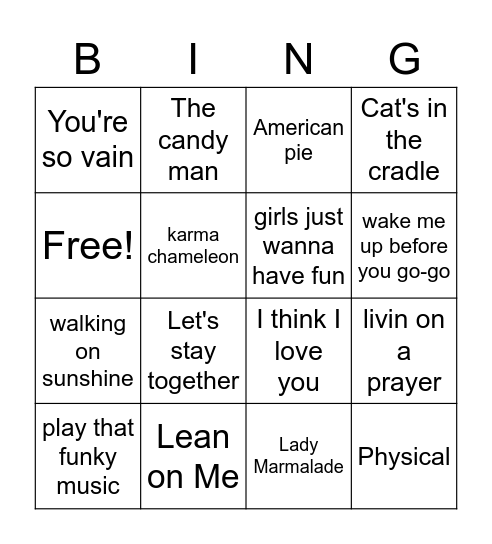 70's 80's Music Bingo Card