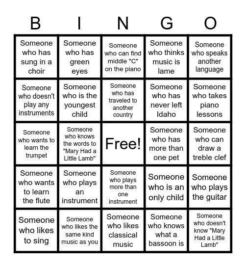Musical Get-to-Know-You Bingo Card
