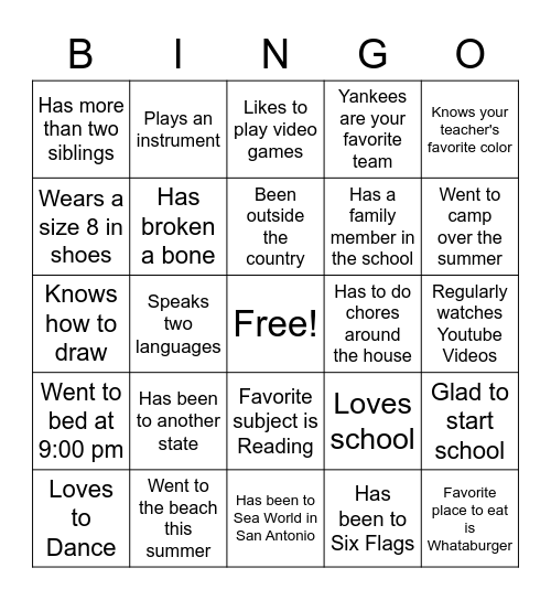 First Day of School Bingo Card