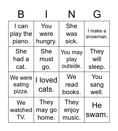 Let's make sentences !!! Bingo Card