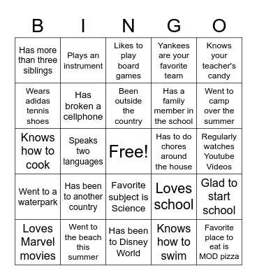 First Day of School Bingo Card