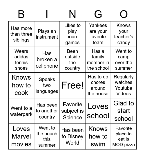 First Day of School Bingo Card