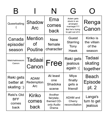 Sk8 Season 2 Bingo Card