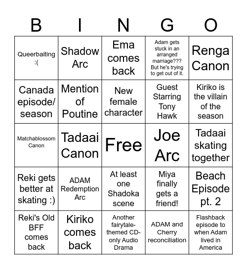 Sk8 Season 2 Bingo Card