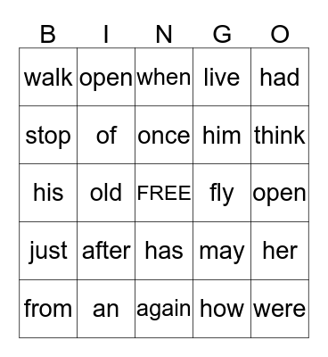 Sight word Bingo Card