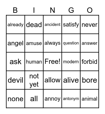 COMMON ANTONYMS Bingo Card