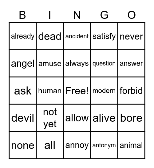 COMMON ANTONYMS Bingo Card