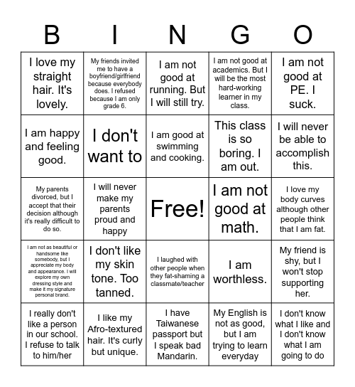 Self-Esteem Knowldge Bingo Card