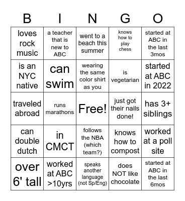 ABC Bingo: Find someone! Bingo Card