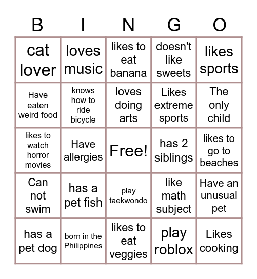 Introduce yourself Bingo Card