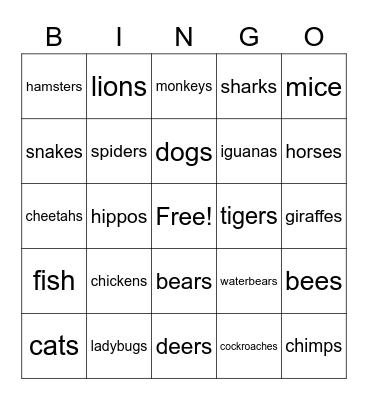 Animals Bingo Card