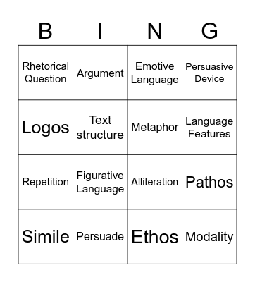 Key vocabulary Bingo Card