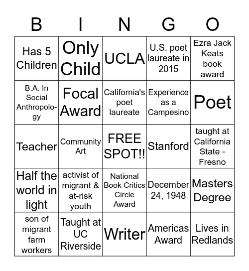 Juan Felipe Herrera (U.S. Poet Laureate) Bingo Card