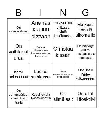 JHL:n tutustumisbingo Card