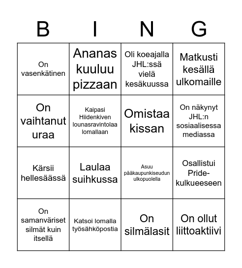 JHL:n tutustumisbingo Card
