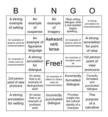 YA Novel Narrative Bingo Card