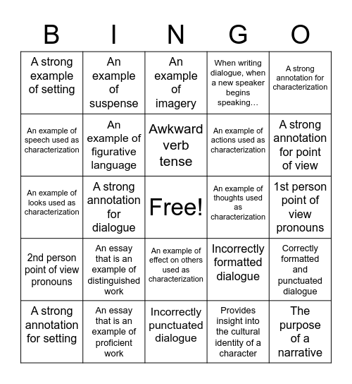 YA Novel Narrative Bingo Card