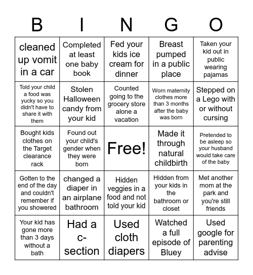 Mom Bingo Card