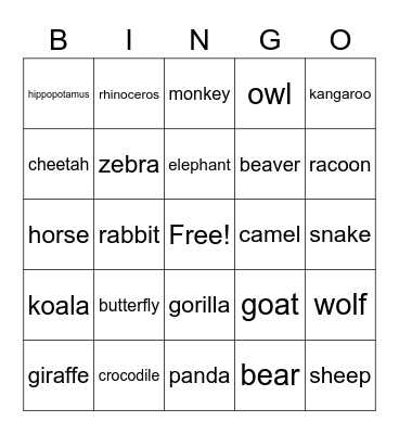 Animals Bingo Card