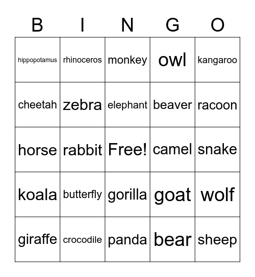 Animals Bingo Card