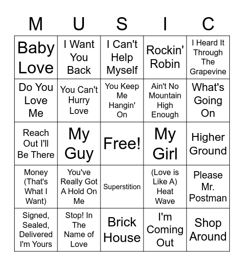 Motown Music Bingo Card