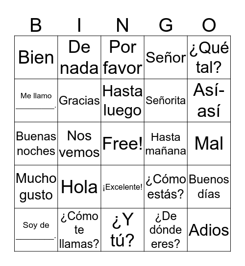 Saludos en español Bingo Card