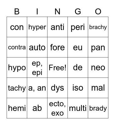 Vet Science Prefixes Bingo Card