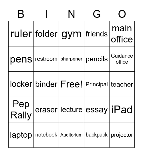 School Bingo Card