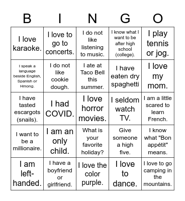 Le premier jour Bingo Card