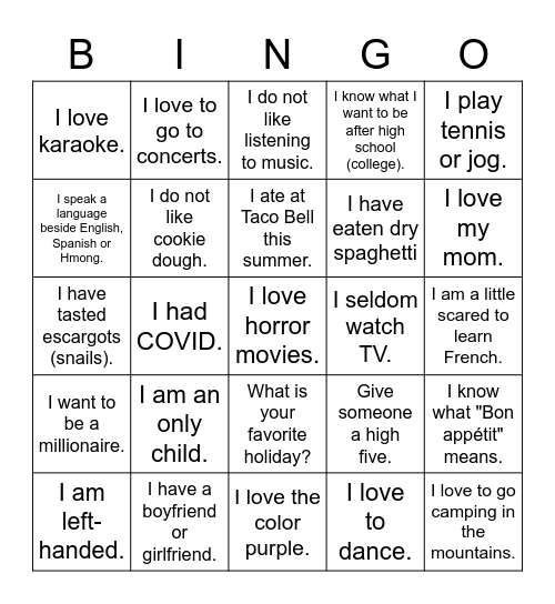 Le premier jour Bingo Card