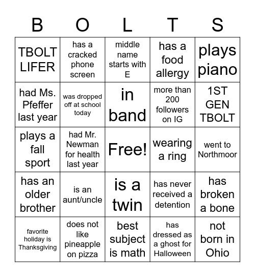 BOLTS Bingo Card