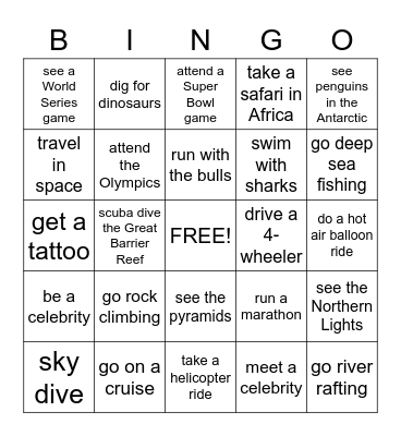 Bucket List Bingo Card