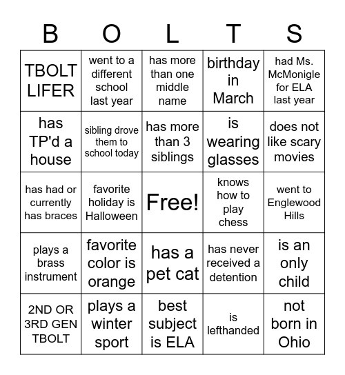 BOLTS Bingo Card