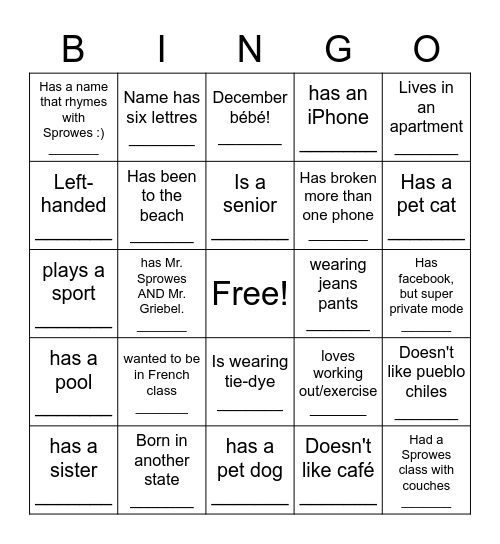 CHS SPROWES CLASSE Loto Bingo Card