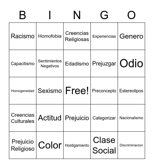 Prejuicio Bingo Card