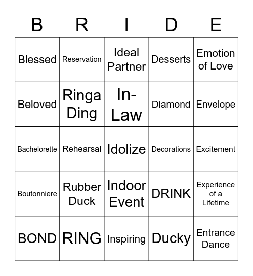 Sarah's BRIDE Bingo Card