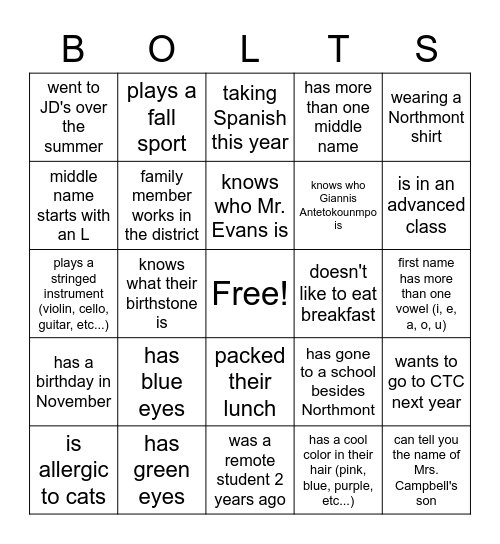BOLTS Bingo Card