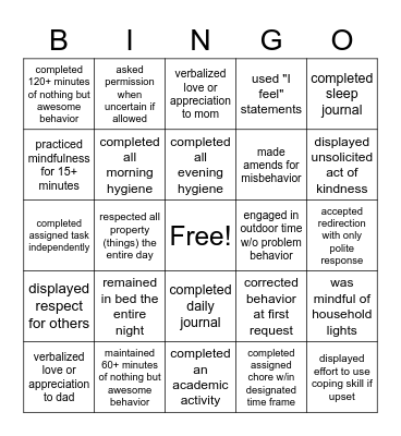 Cayden Behavior Bingo Card