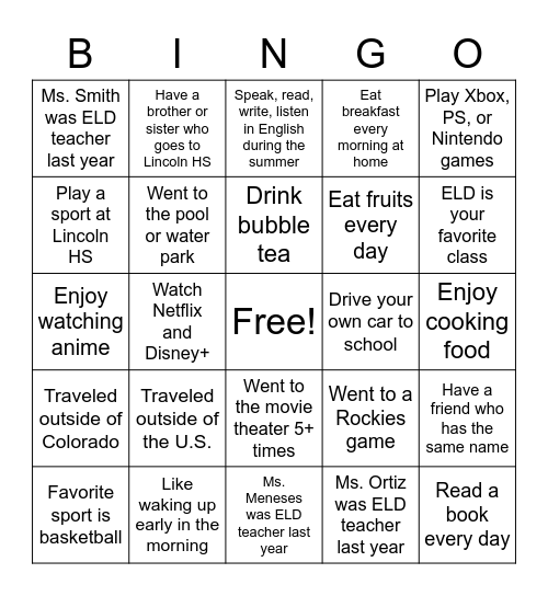 Welcome Bingo Card