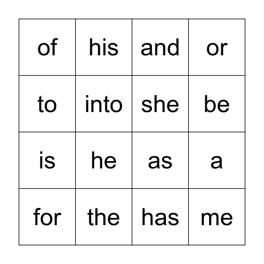 Sight Words Bingo Card