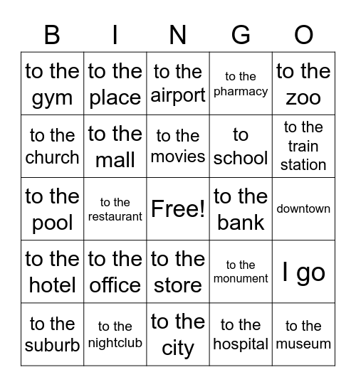 Places I go to 2 Bingo Card